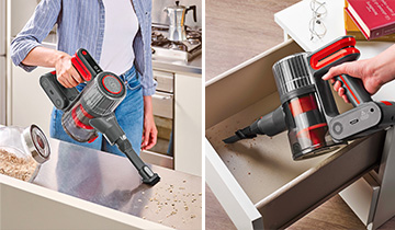 Das Bild zeigt ein Mädchen, das mit dem Handgerät des Polti Forzaspira D-Power SR550 empfindliche Oberflächen saugt